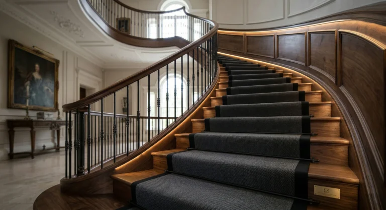 Custom bespoke stair runner in dark gray with a contrast border installed on a traditional wooden staircase in a luxury home.