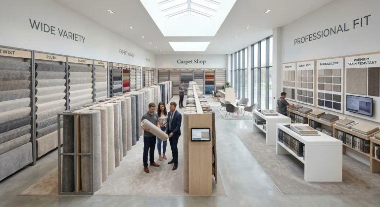 Interior view of the Diamond Carpets and Flooring shop in Leigh, showcasing a wide variety of premium carpet rolls and flooring samples.