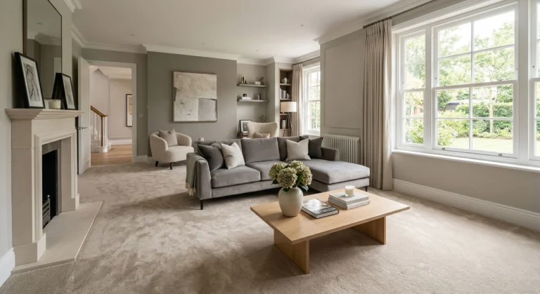 Professional carpet supply and fitting of a plush neutral-toned carpet in a modern UK living room by Diamond Carpets and Flooring.