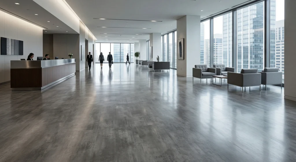 Sleek gray concrete-effect commercial vinyl flooring in a professional office lobby, reflecting high-end architectural design.