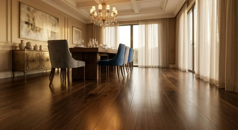 Premium dark walnut engineered wood flooring with a semi-gloss finish in a luxury dining room setting.