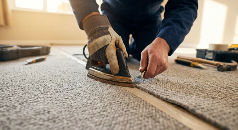 Close-up of an expert flooring fitter in Leigh performing a precision carpet installation with professional tools and craftsmanship.