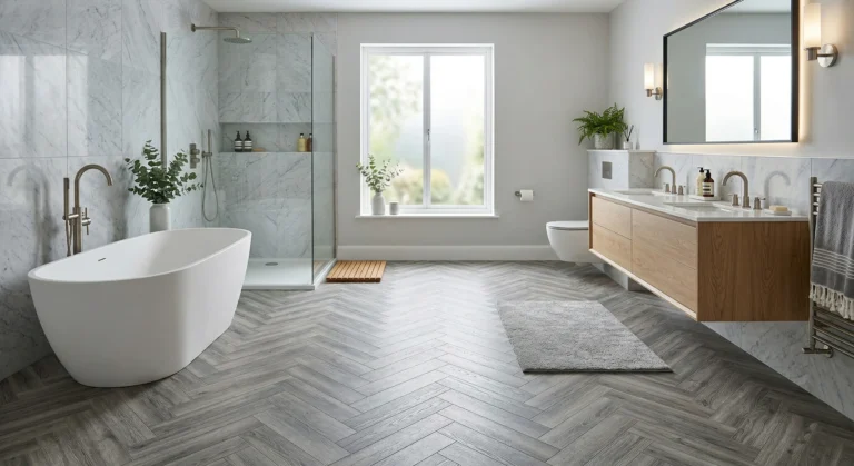 Sophisticated herringbone pattern Luxury Vinyl Tile (LVT) flooring in a gray wood effect for a modern waterproof bathroom interior.