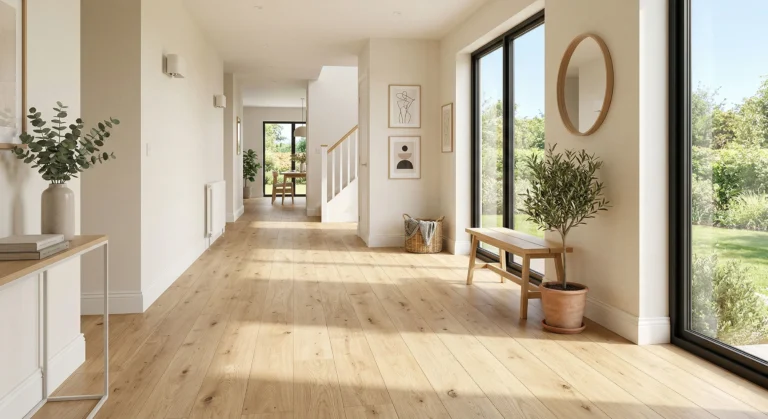 Durable light oak laminate flooring with a wide-plank wood grain finish installed in a bright, modern residential hallway.