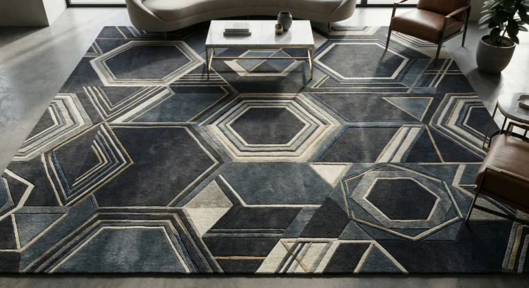 Large high-end area rug with a modern geometric pattern serving as a decorative focal point in a contemporary lounge.