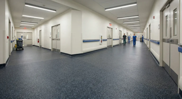High-durability anti-slip safety flooring in blue-flecked vinyl installed in a commercial hallway for maximum slip resistance.