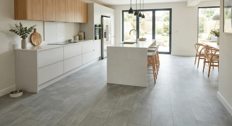 Modern waterproof stone-effect vinyl flooring tiles installed in a contemporary kitchen for a clean and stylish look.